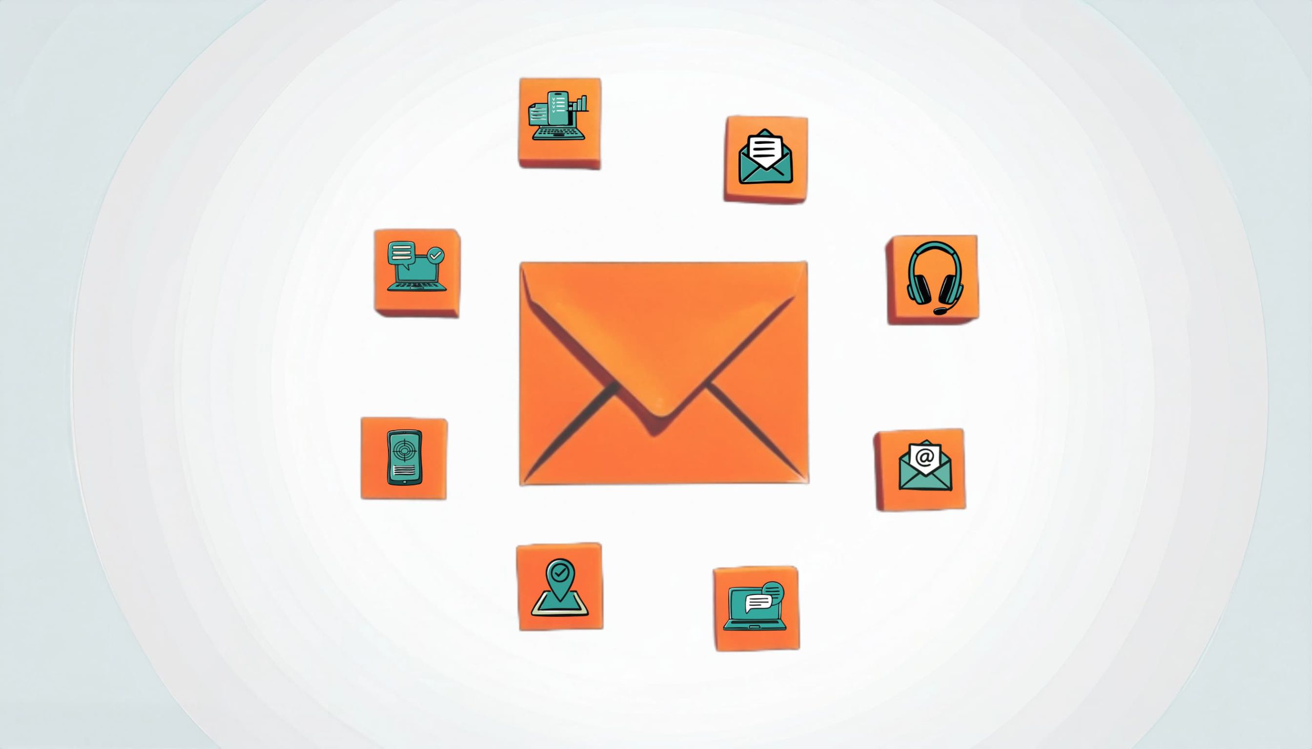 Illustration of a large orange envelope at the center, surrounded by smaller orange icons representing communication methods, including email, messaging, phone support, location, and online services. The icons form a circular pattern around the envelope against a light background.